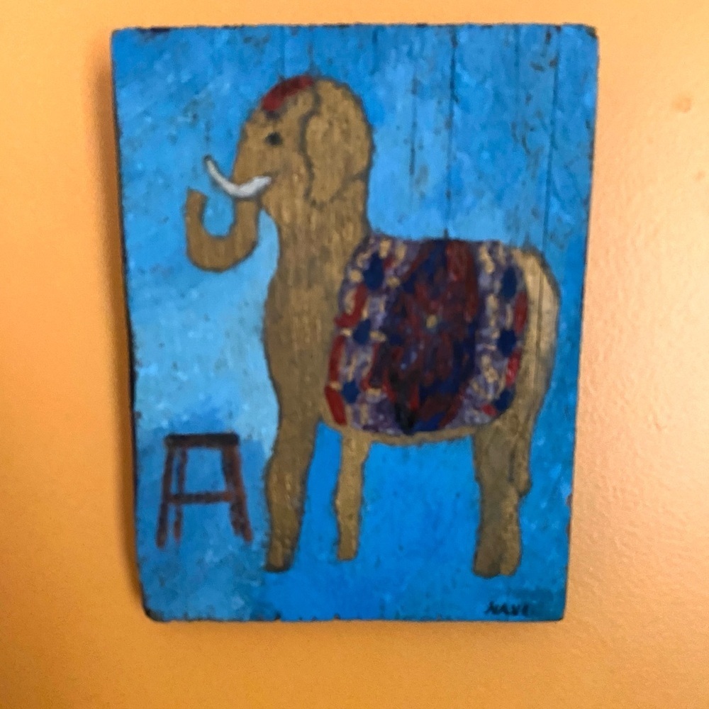 Elephant Folk Art Painting on Wood Blue 7 x 5.5